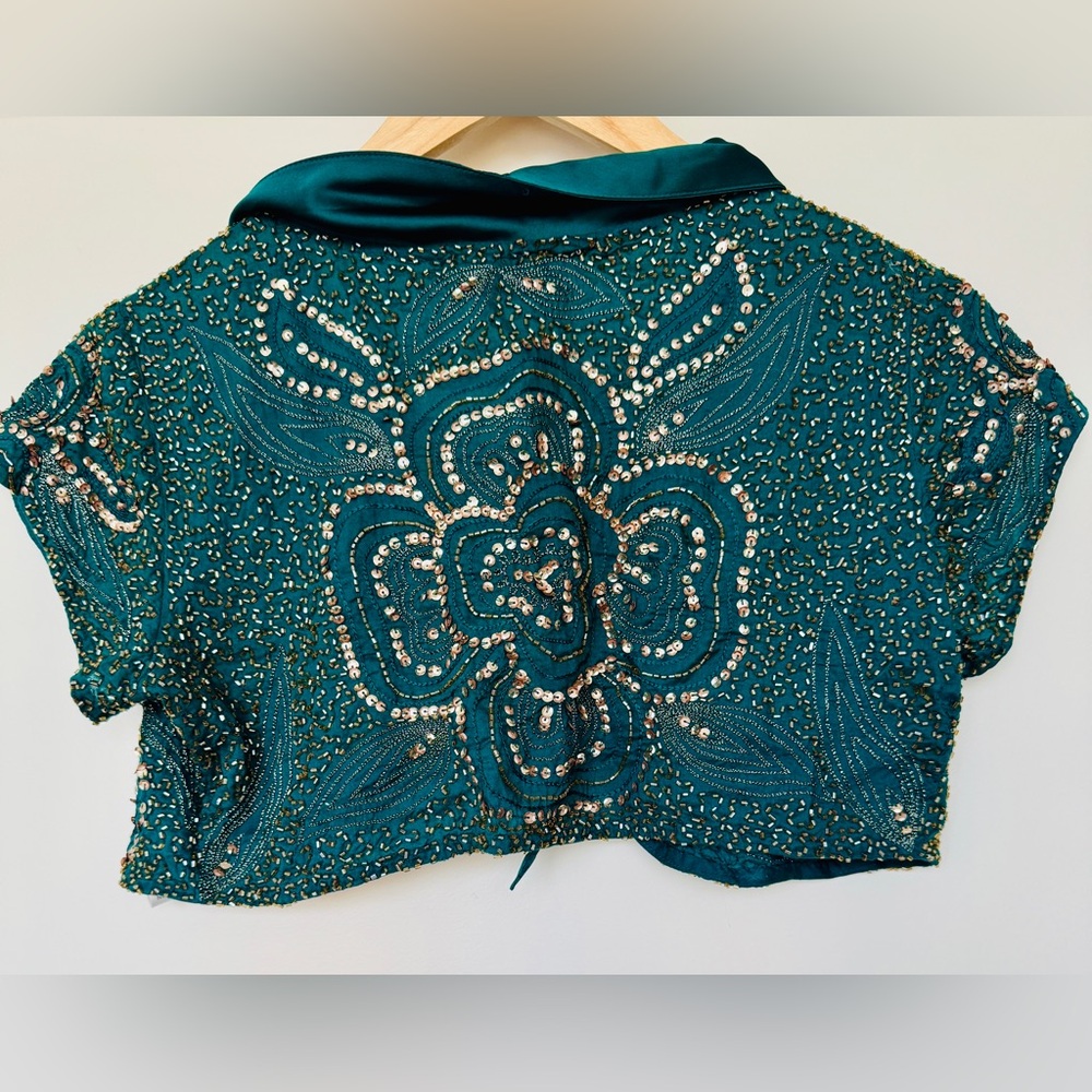 Topshop Teal Sequin Floral Crop Top - Picture 3 of 7